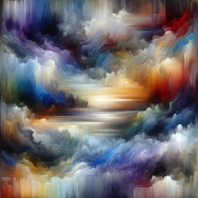The primary subject of the image is a painting featuring a cloudy sky with a sunset. The setting is a cloudy sky, and the visual style is a painting. The dominant colors in the painting are blue, purple, and orange, creating a moody and atmospheric scene.